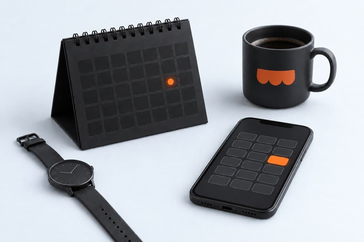 A desk calendar with one date marked in orange beside a phone showing empty time slots
