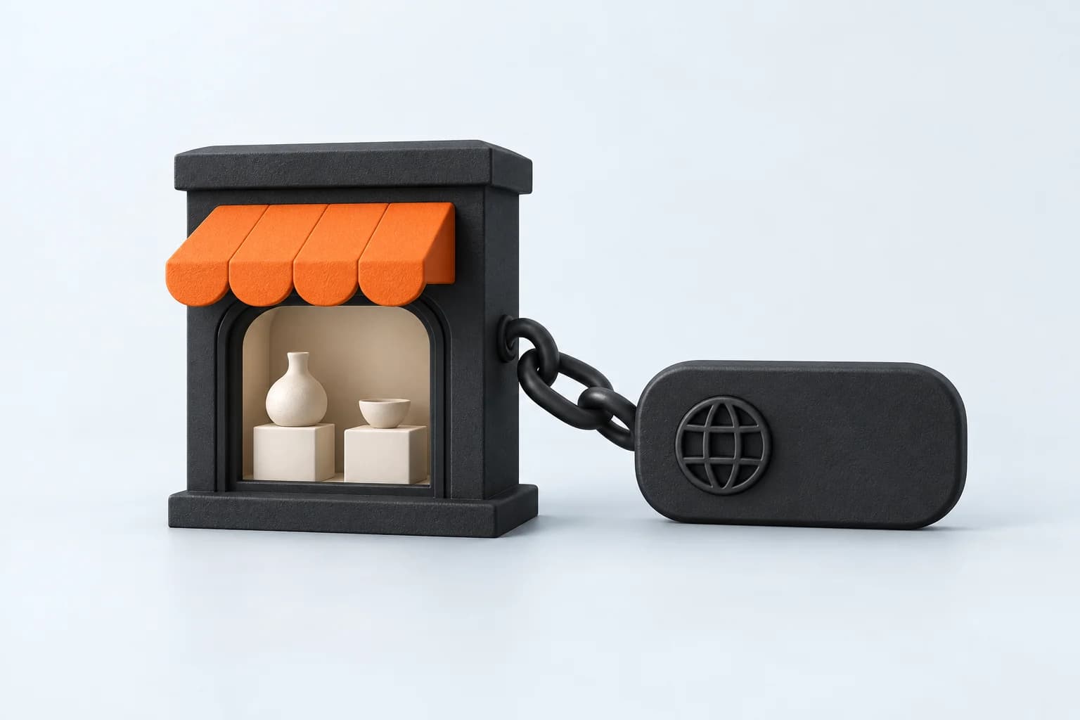 A charcoal storefront with an orange awning connected to a browser address plaque.