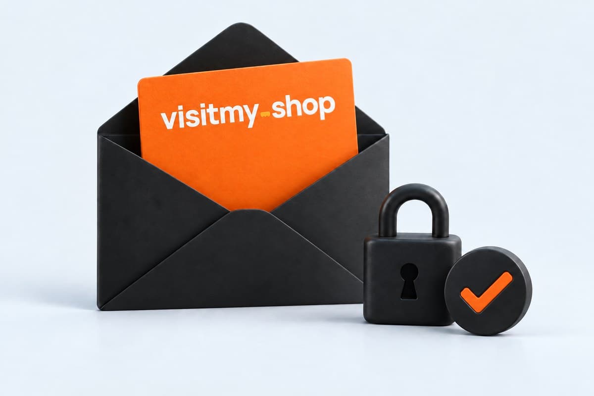 An open envelope with an orange document sliding out beside a padlock and a checkmark