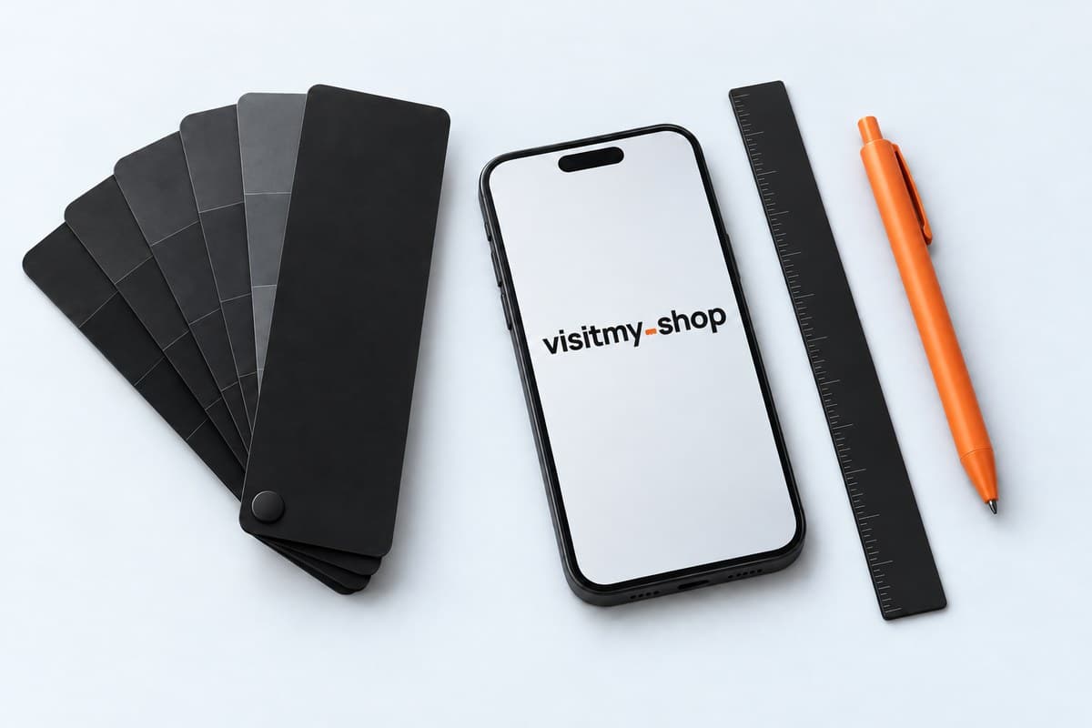 A fanned paint-swatch deck, a ruler, and an orange pen over a blank phone mockup