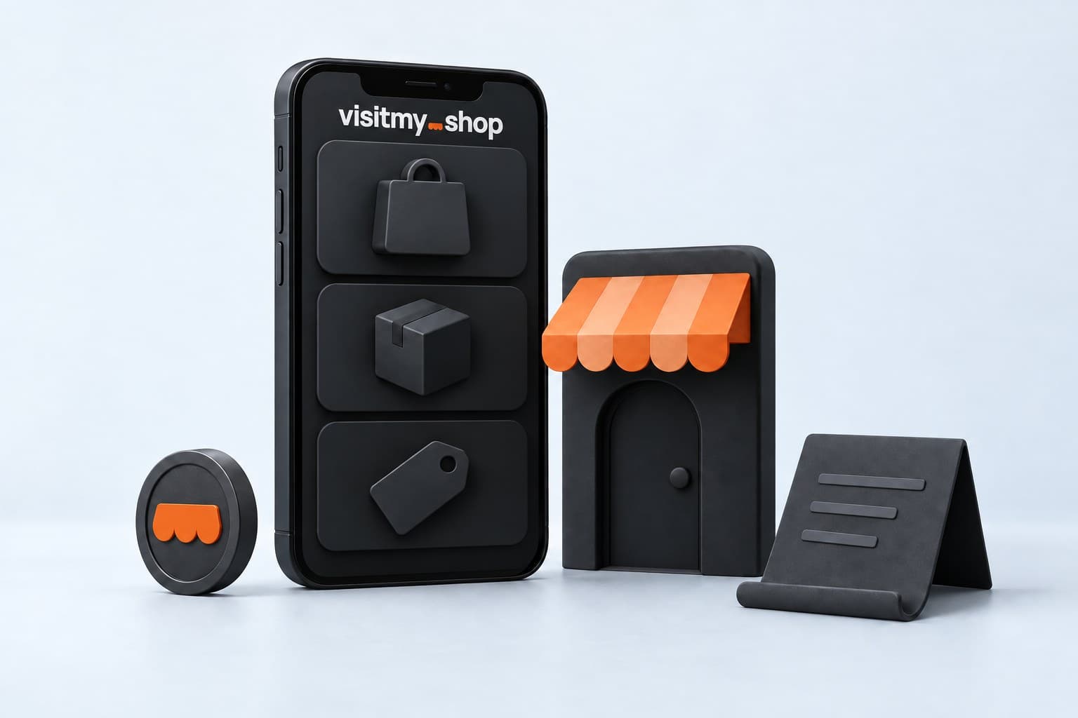 A phone showing a storefront of stacked cards beside a small orange awning, a coin, and a folded document