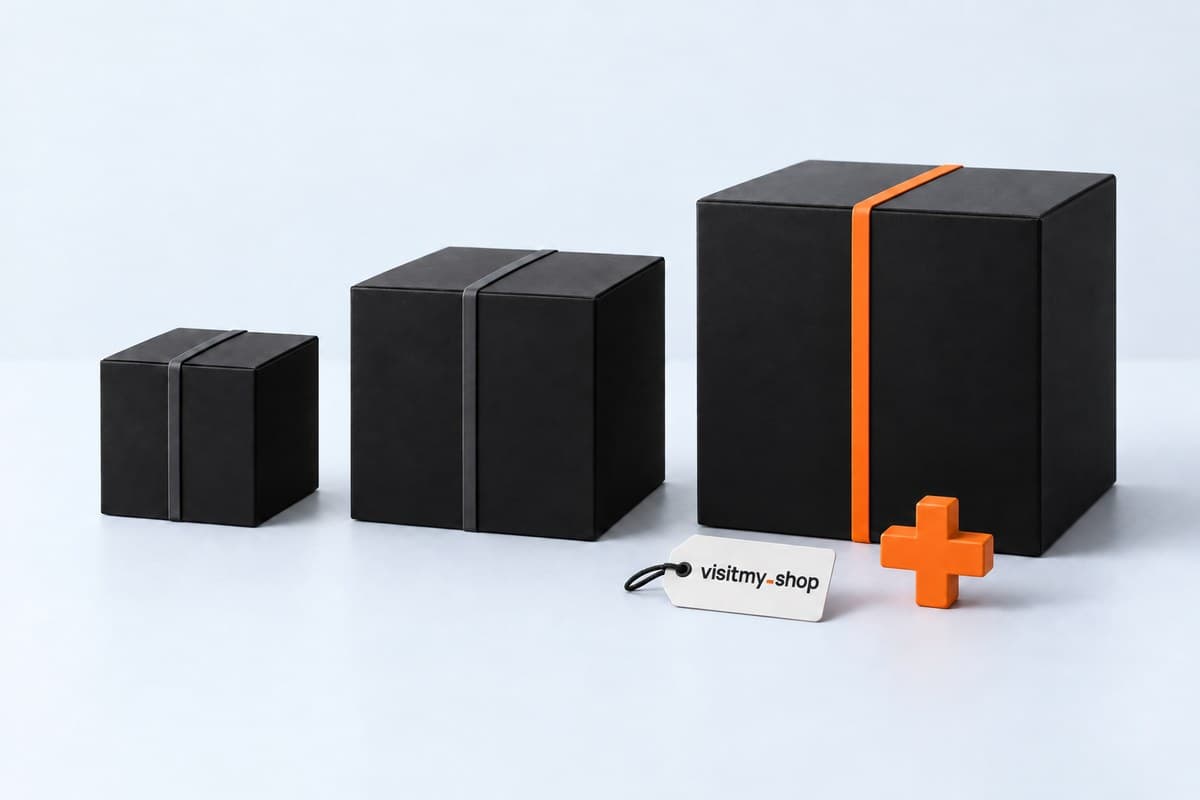 Three boxes in ascending size, the largest banded in orange, beside a price tag
